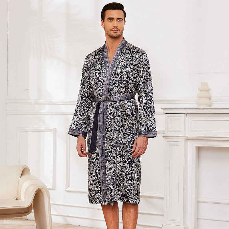 Herren Satin Morgenmantel mit auffälligem Muster und Taillengürtel Drune