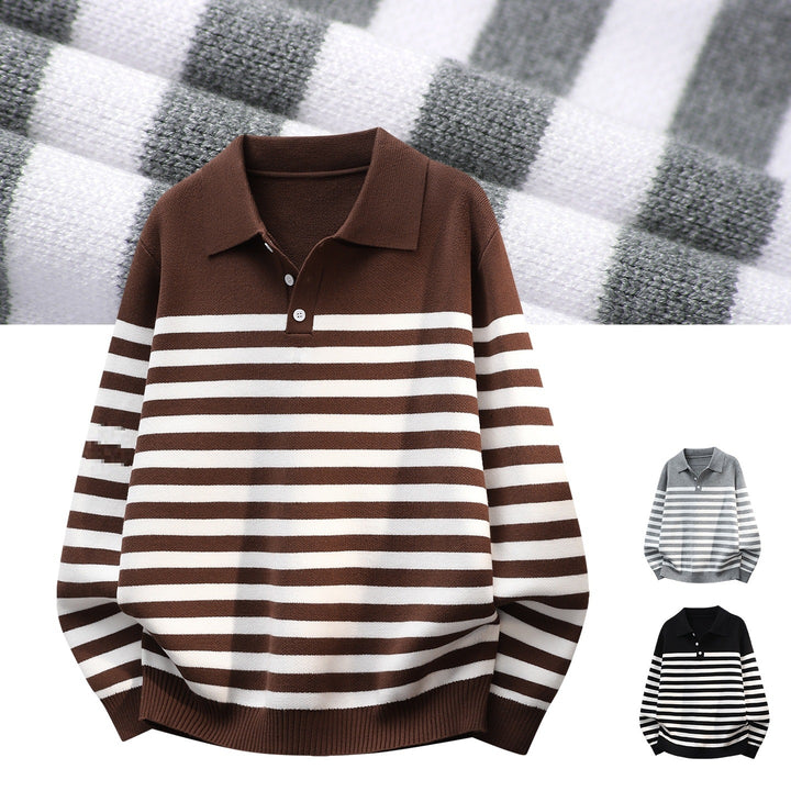 Herren Gestreifter Oversize Polo Strickpullover mit Halbknopfblende und gerippten Abschlüssen Drune