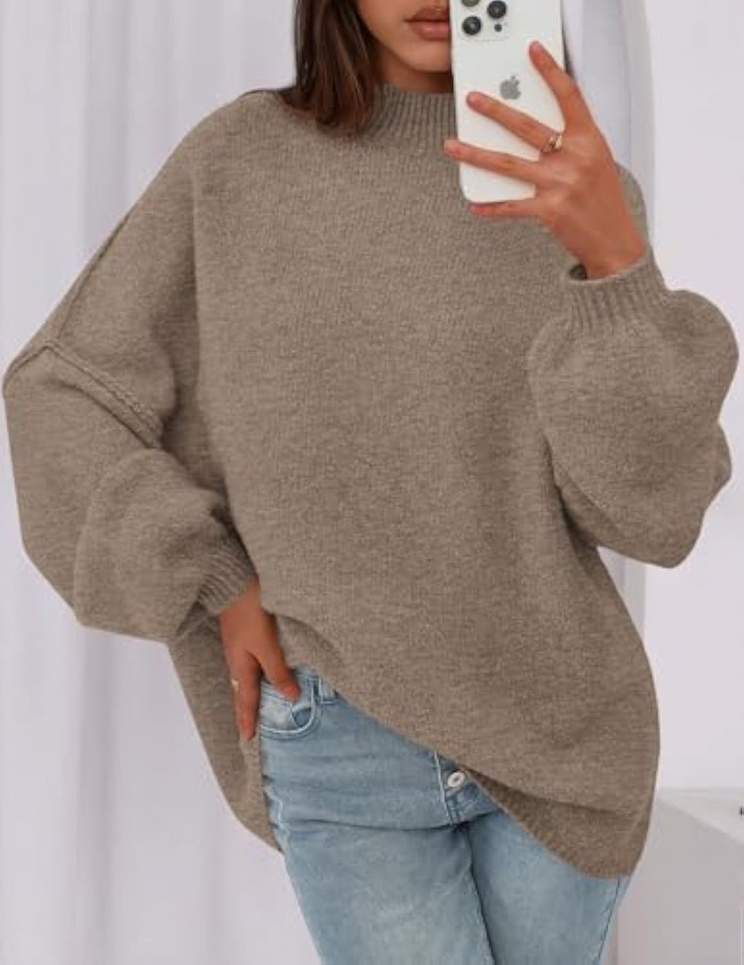 Damen Oversize-Strickpullover mit Stehkragen und Ballonärmeln Drune