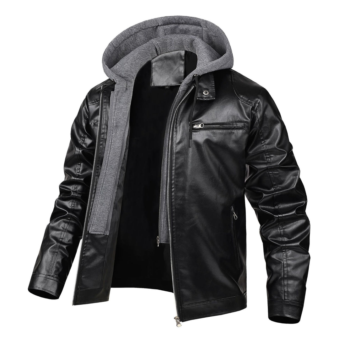 Herren modische Kunstlederjacke mit abnehmbarer Kapuze Drune