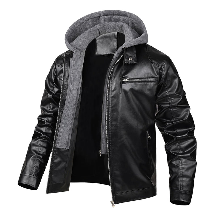 Herren modische Kunstlederjacke mit abnehmbarer Kapuze Drune