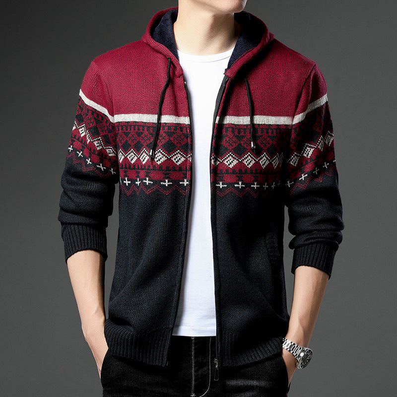 Herren Strick-Zip-Hoodie mit Norwegermuster, Kapuze und Eingrifftaschen Drune