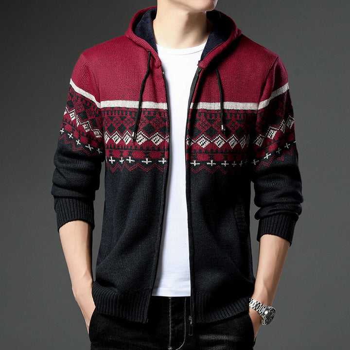 Herren Strick-Zip-Hoodie mit Norwegermuster, Kapuze und Eingrifftaschen Drune