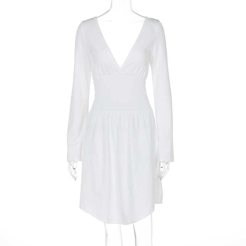 Damen elegantes Kleid mit tiefem V-Ausschnitt und langen Ärmeln Drune