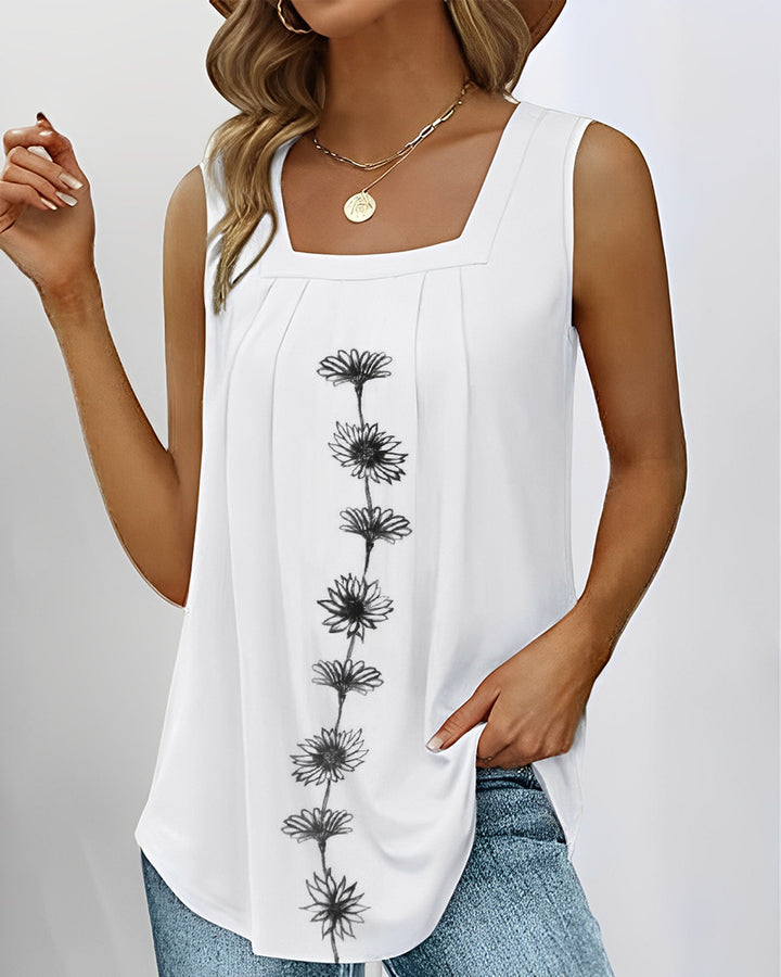 Damen nan ärmelloses Longtop mit quadratischem Ausschnitt, Faltenpassé und mittigem Blumenprint Drune
