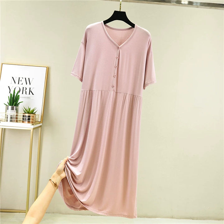 Modal-Kurzarmkleid mit Knopfleiste für Damen, lockere Passform und figurschmeichelnde Wirkung Drune