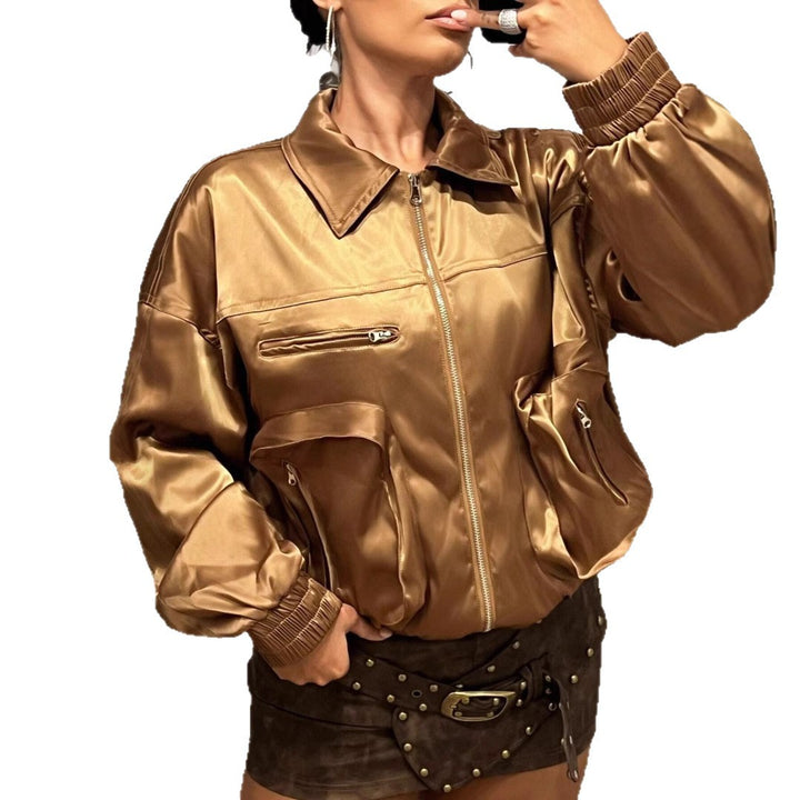 Damen Bomberjacke im glänzenden Satin-Look mit seitlichen Reißverschlusstaschen Drune
