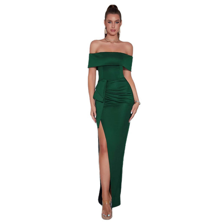 Damen Figurumspielendes Langarmkleid mit schulterfreiem Design und hohem Schlitz Drune