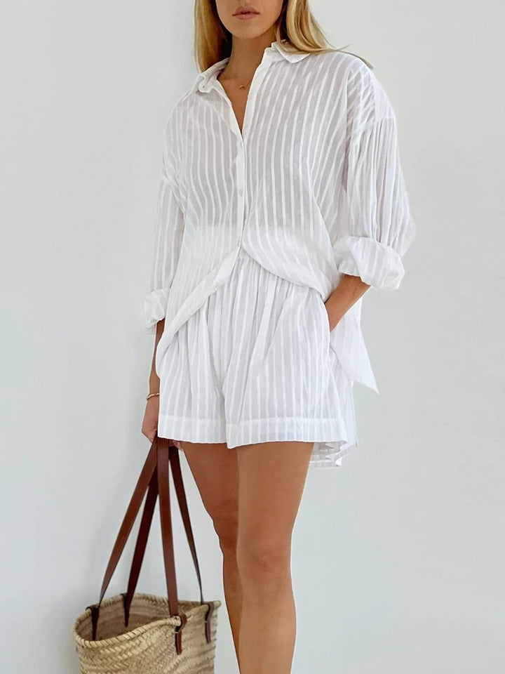 Damen lässiges Oberteil und Shorts-Set mit feinen Streifen Drune
