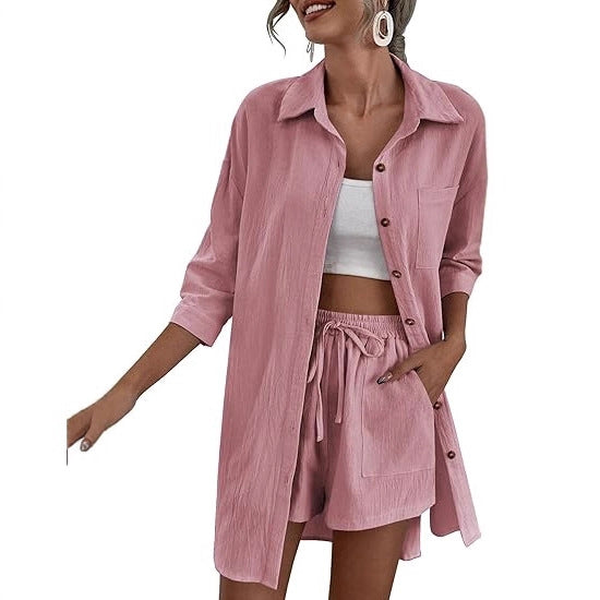Damen Leichtes Longline-Hemdjacken-Set mit elastischer High-Waist-Shorts Drune