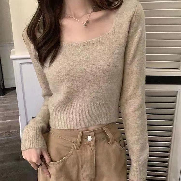 Damen lässiger Pullover mit quadratischem Ausschnitt und feiner Textur Drune