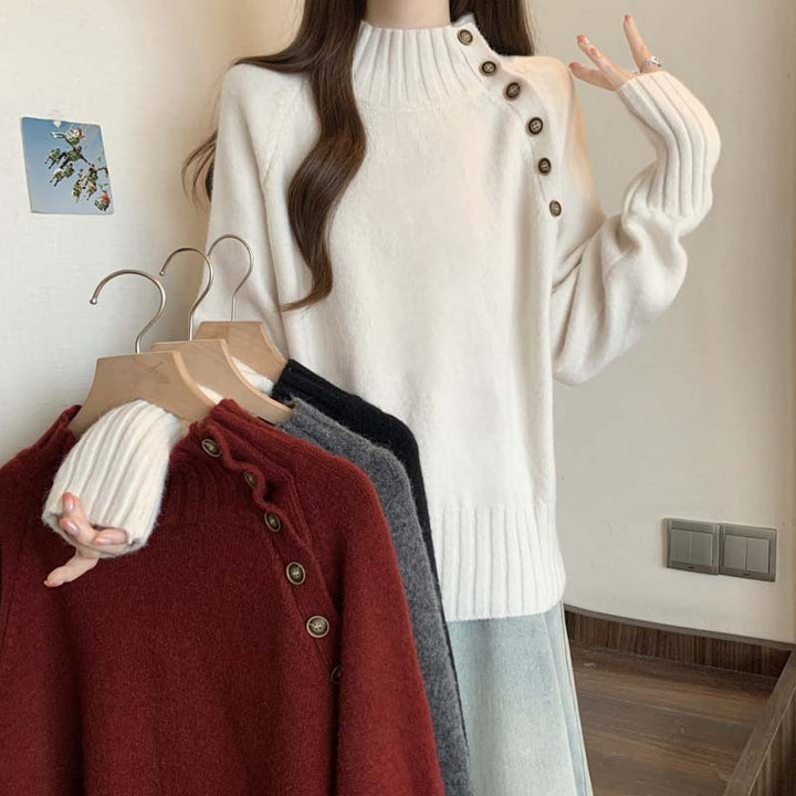 Damen eleganter Rollkragenpullover mit Knopfdekoration und strukturierter Textur Drune