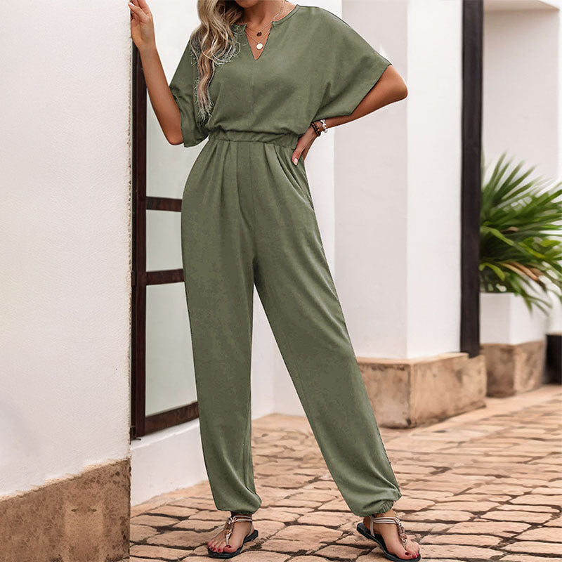 Damen Lässiger Jumpsuit mit Taillen-Smock, kurzem Fledermausärmel und elastischem Knöchelabschluss Drune