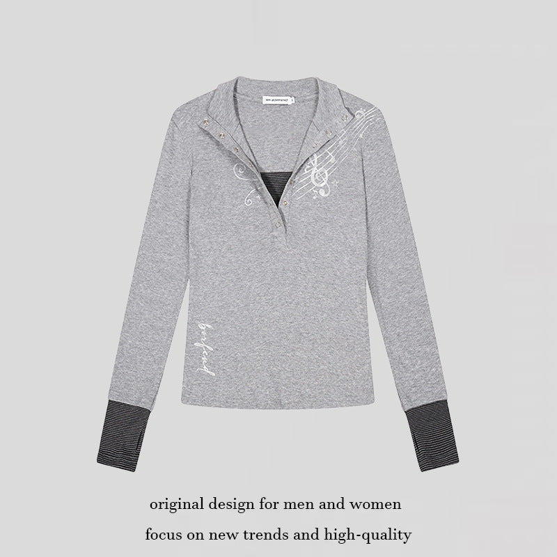 Damen Langarmshirt mit Henley-Knopfleiste, Kontrastbündchen und Notenprint Drune