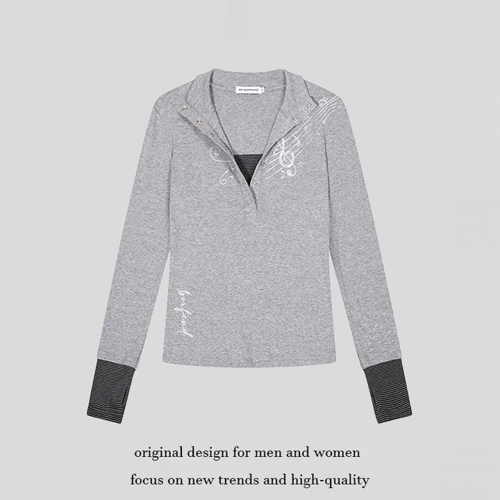 Damen Langarmshirt mit Henley-Knopfleiste, Kontrastbündchen und Notenprint Drune
