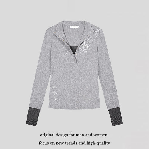 Damen Langarmshirt mit Henley-Knopfleiste, Kontrastbündchen und Notenprint Drune