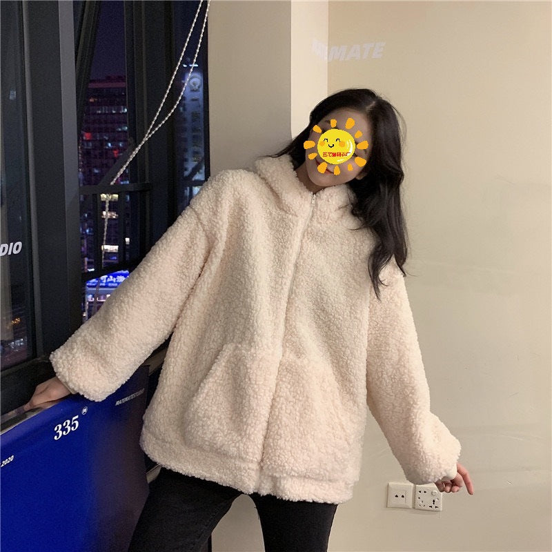 Damen kuschelige Fleecejacke mit Ohren und praktischen Eingrifftaschen Drune