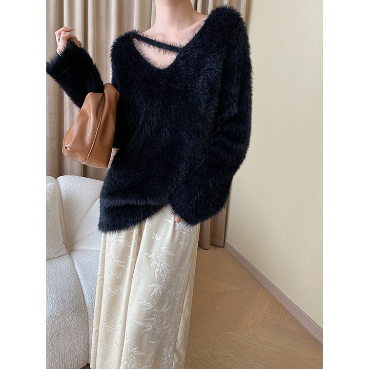 Damen kuscheliger V-Ausschnitt Pullover mit raffinierten Details und weichem Material Drune