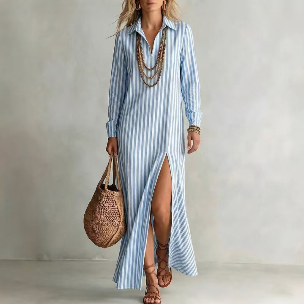 Damen Langes Hemdkleid im Streifen-Look mit Kragen, langen Ärmeln und hohem Beinschlitz Drune