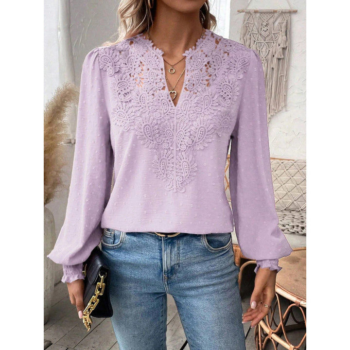 Damen Bluse mit gesticktem V-Ausschnitt und langen Ärmeln Drune