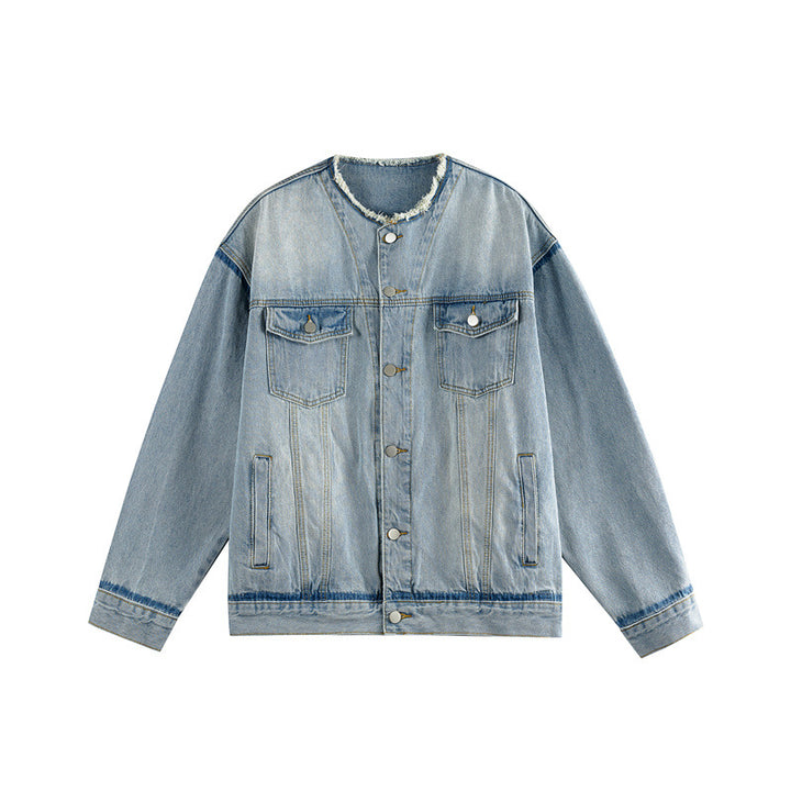 Herren Oversize-Denimblouson ohne Kragen mit rohem Halsausschnitt und Pattentaschen Drune