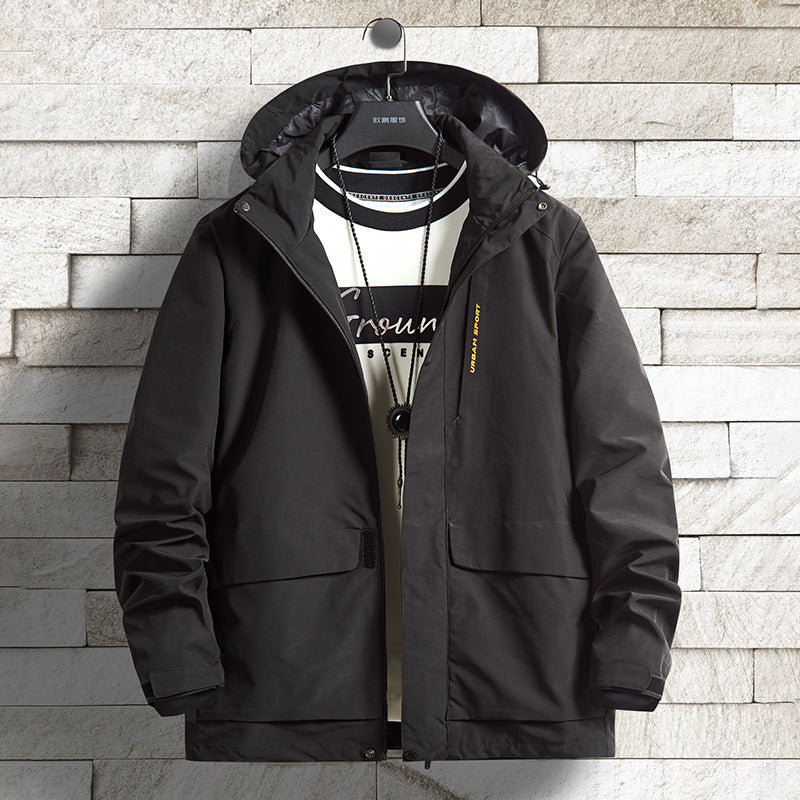 Herren wasserdichte Stadt-Outdoorjacke mit Kapuze, verdecktem Reißverschluss und Cargo-Taschen Drune