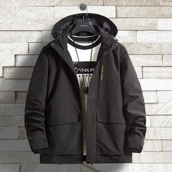 Herren wasserdichte Stadt-Outdoorjacke mit Kapuze, verdecktem Reißverschluss und Cargo-Taschen Drune