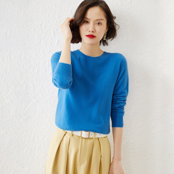 Damen Kurzgeschnittener Feinstrickpullover mit Rundhalsausschnitt und geripptem Bund Drune