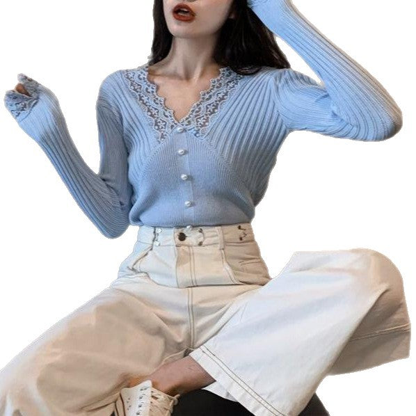 Damen Langärmliger Pullover mit Spitzendetails Drune