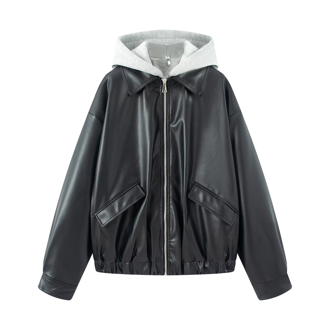 Damen Oversize Kunstleder-Blouson mit Kapuzen-Einsatz und aufgesetzten Pattentaschen Drune