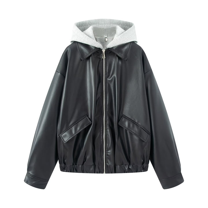 Damen Oversize Kunstleder-Blouson mit Kapuzen-Einsatz und aufgesetzten Pattentaschen Drune
