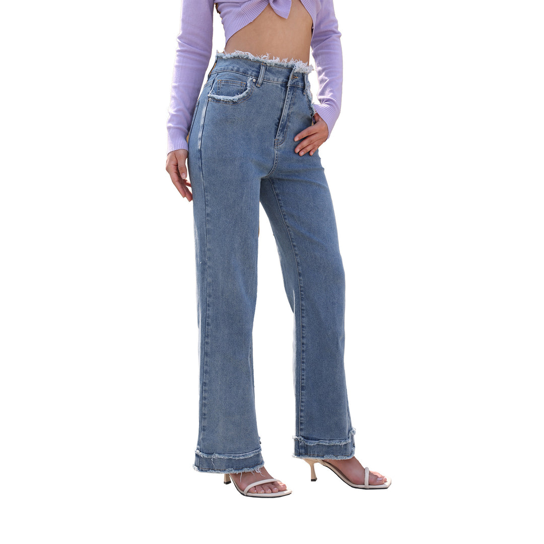 Damen Hochtaillierte Denim-Hose mit ausgefranstem Bund und weitem Bein Drune