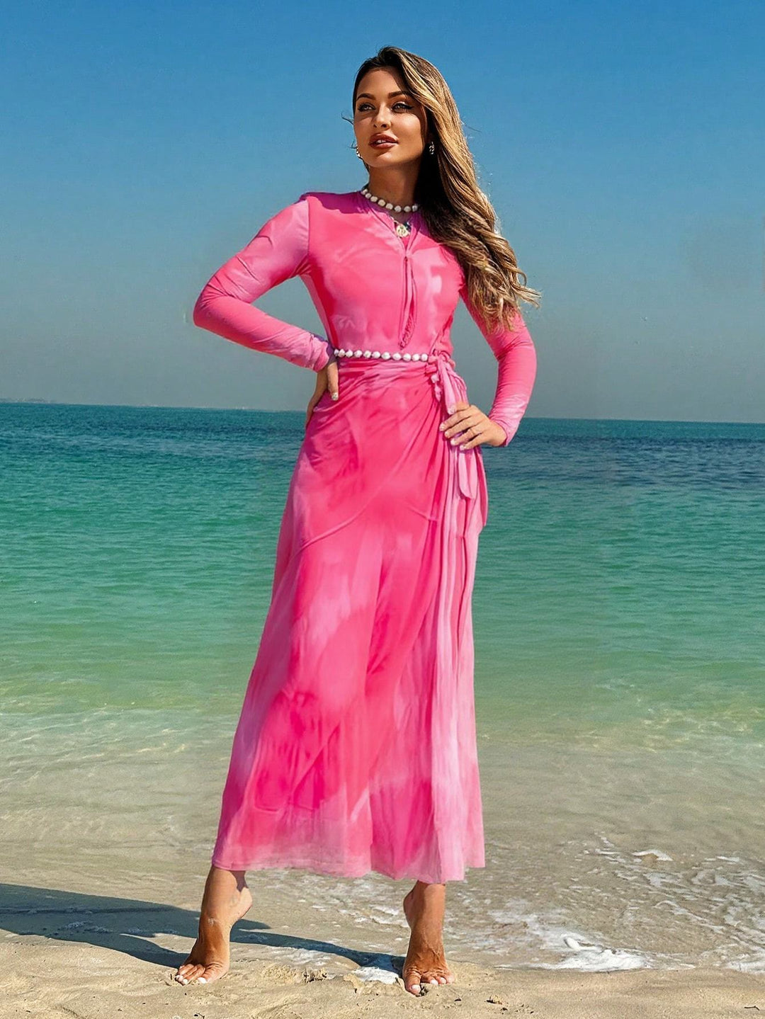 Damen Elegantes Strandkleid mit transparenten Ärmeln und drapiertem Design Drune