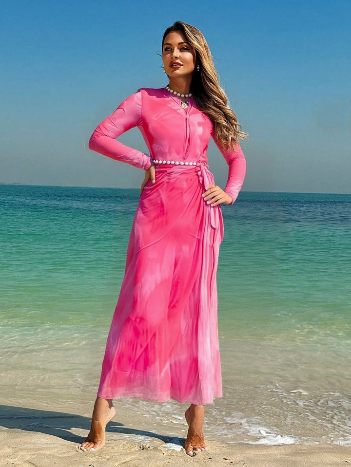 Damen Elegantes Strandkleid mit transparenten Ärmeln und drapiertem Design Drune