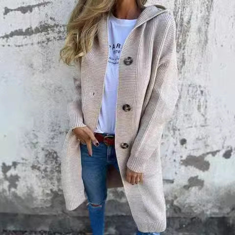 Damen Strickmantel mit praktischen Taschen und elegantem Knopfdesign Drune