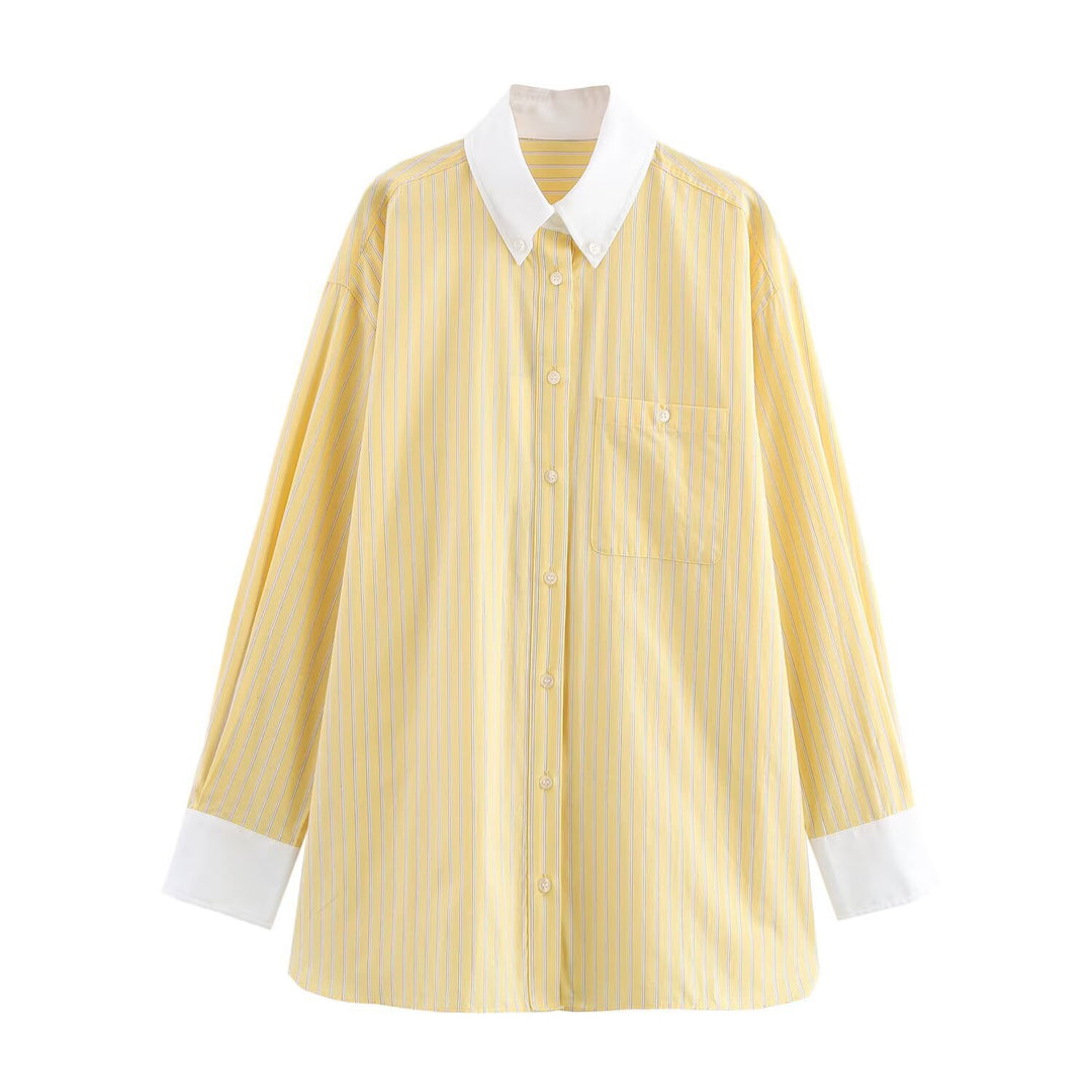 Damen Oversize-Hemdbluse mit Kontrastkragen und Manschetten Drune