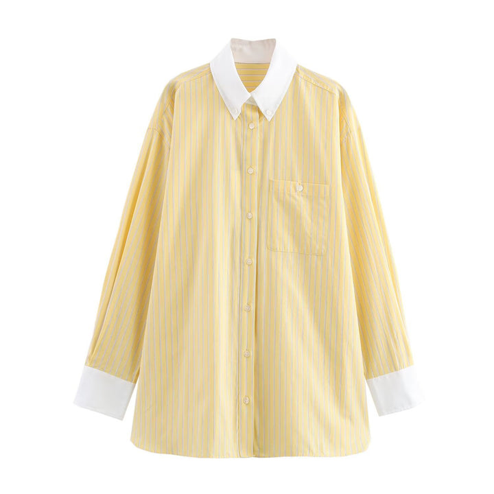 Damen Oversize-Hemdbluse mit Kontrastkragen und Manschetten Drune