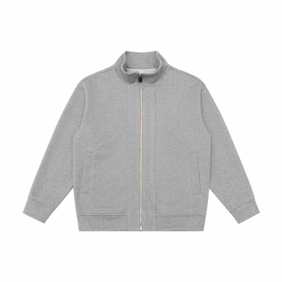 Unisex Leichte Stehkragen‑Jacke aus Fischgrät‑Struktur mit durchgehendem Reißverschluss Drune