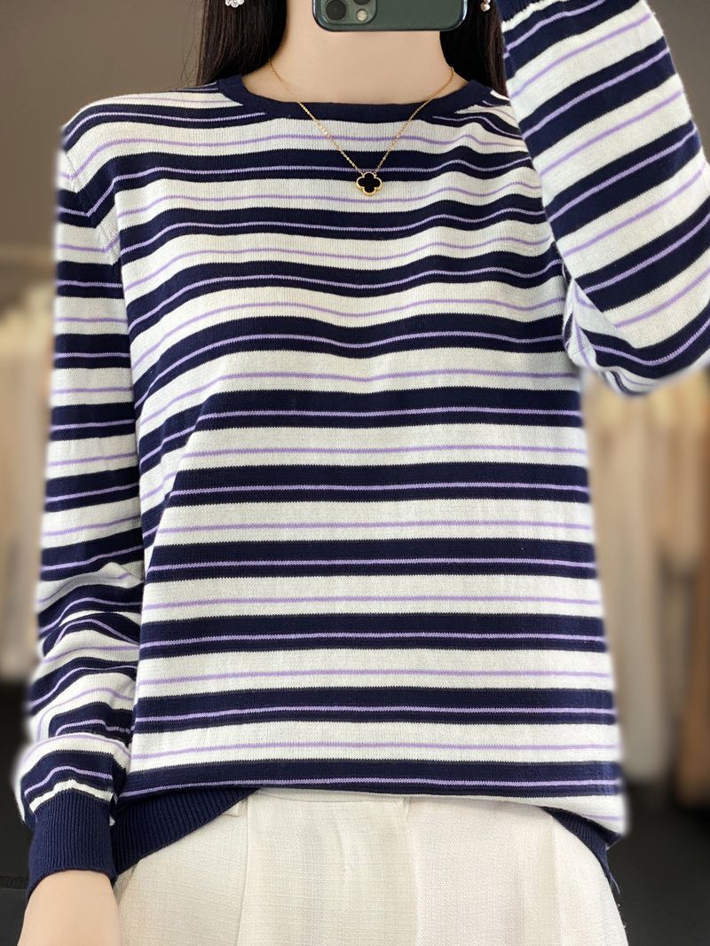 Damen Lässiger Ringel-Feinstrickpullover mit Boxy‑Silhouette und kontrastierenden Rippbündchen Drune