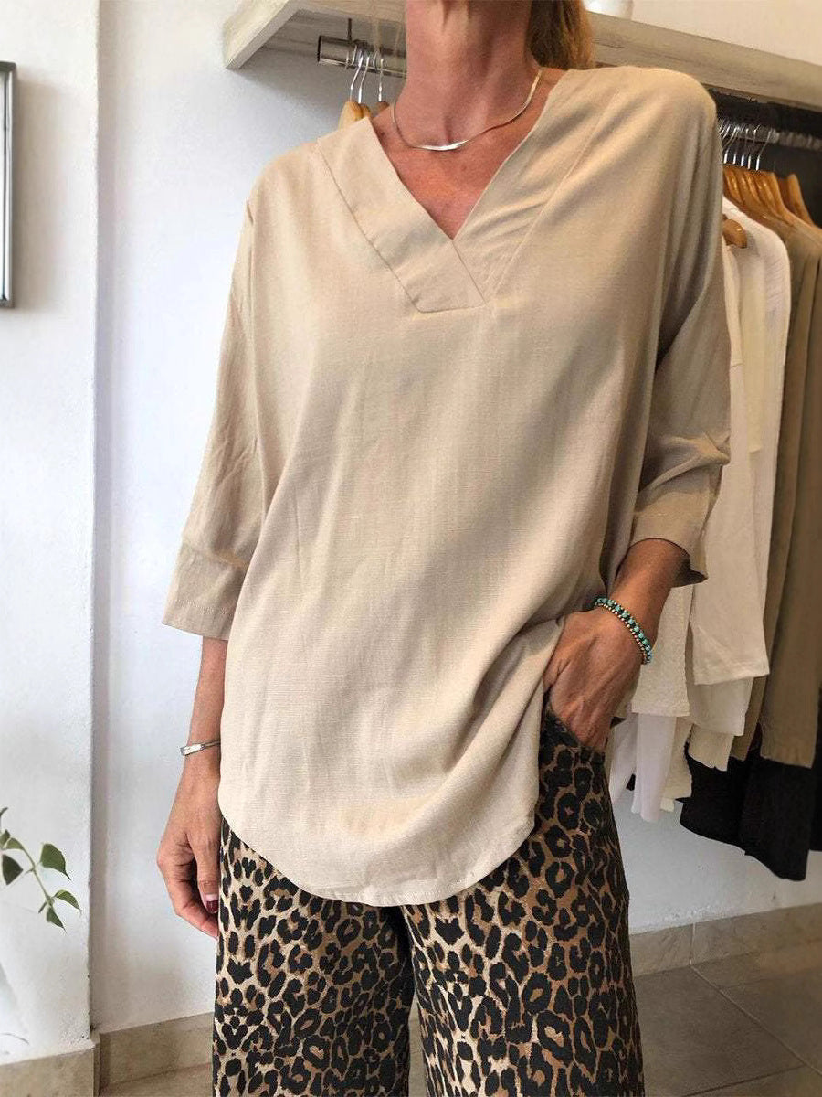Damen lässiges V-Ausschnitt Shirt mit weiten Ärmeln Drune