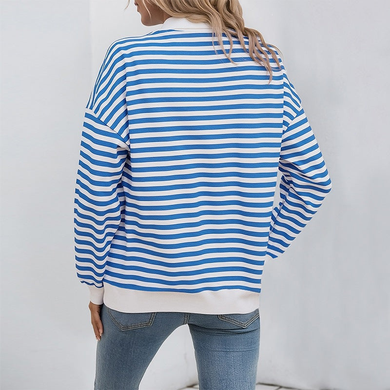 Damen Lässiger Streifenpullover mit Reißverschluss Drune