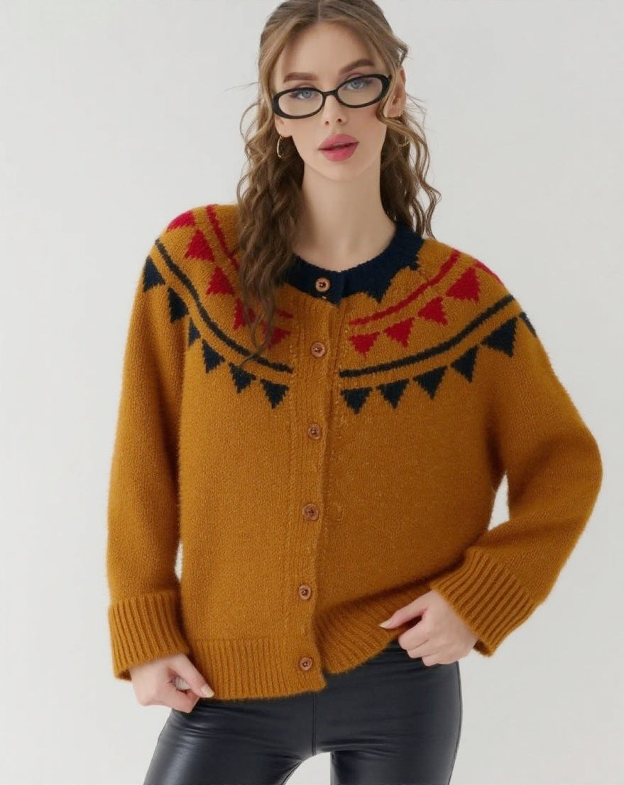 Damen kuscheliger Strickcardigan mit grafischem Norweger-Muster und Holzknopfdetails Drune