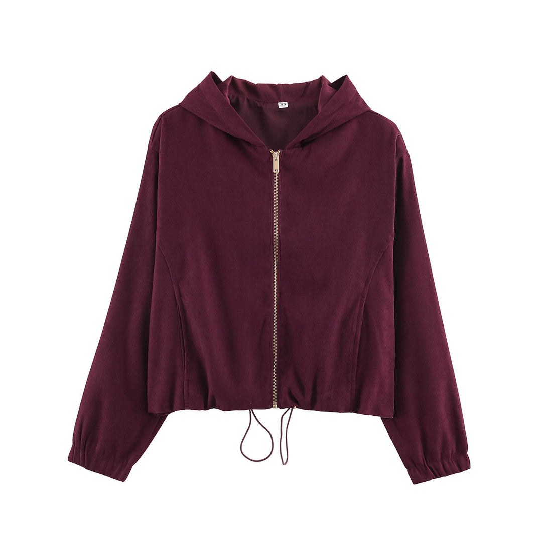 Damen Kurzjacke aus Velours‑Optik mit Kapuze, durchgehendem Reißverschluss und Tunnelzugsaum Drune