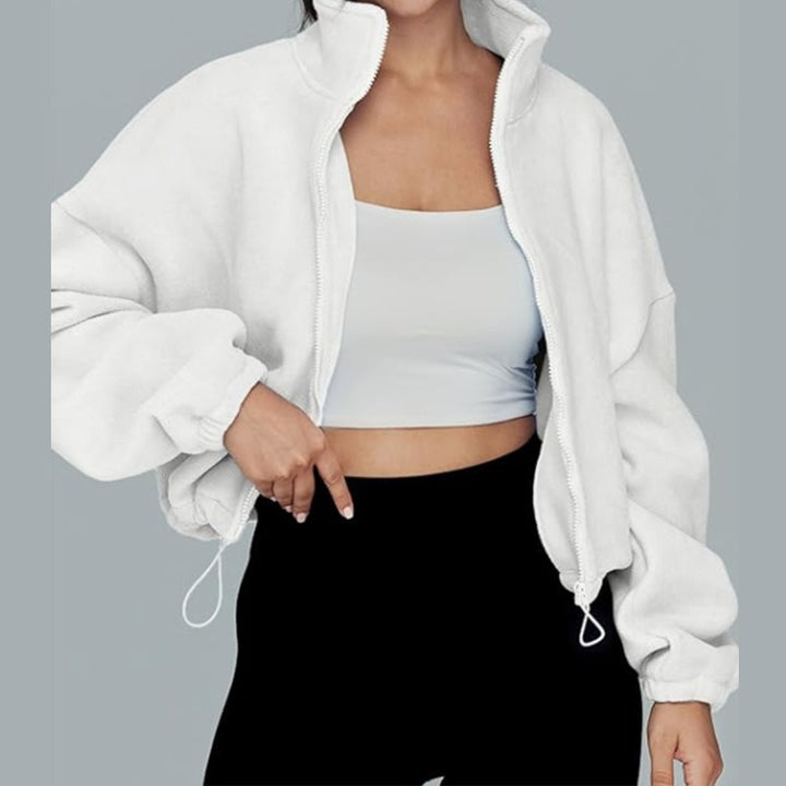 Damen lässige Fleece-Jacke mit hohem Kragen und Kordelzug Drune