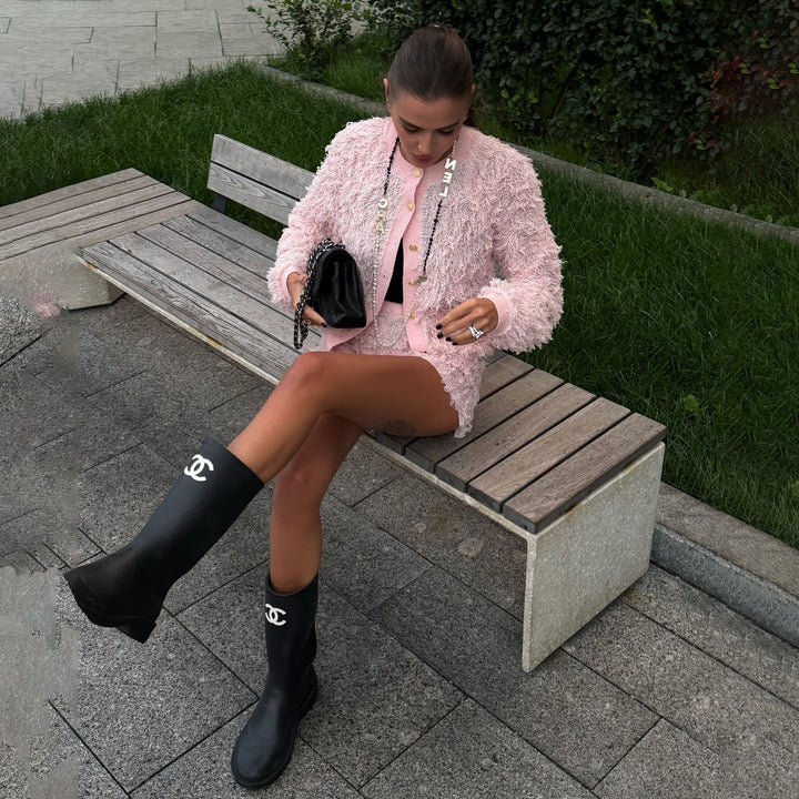 Damen Modisches Strick-Set mit fransigen Details und eleganten Knöpfen Drune