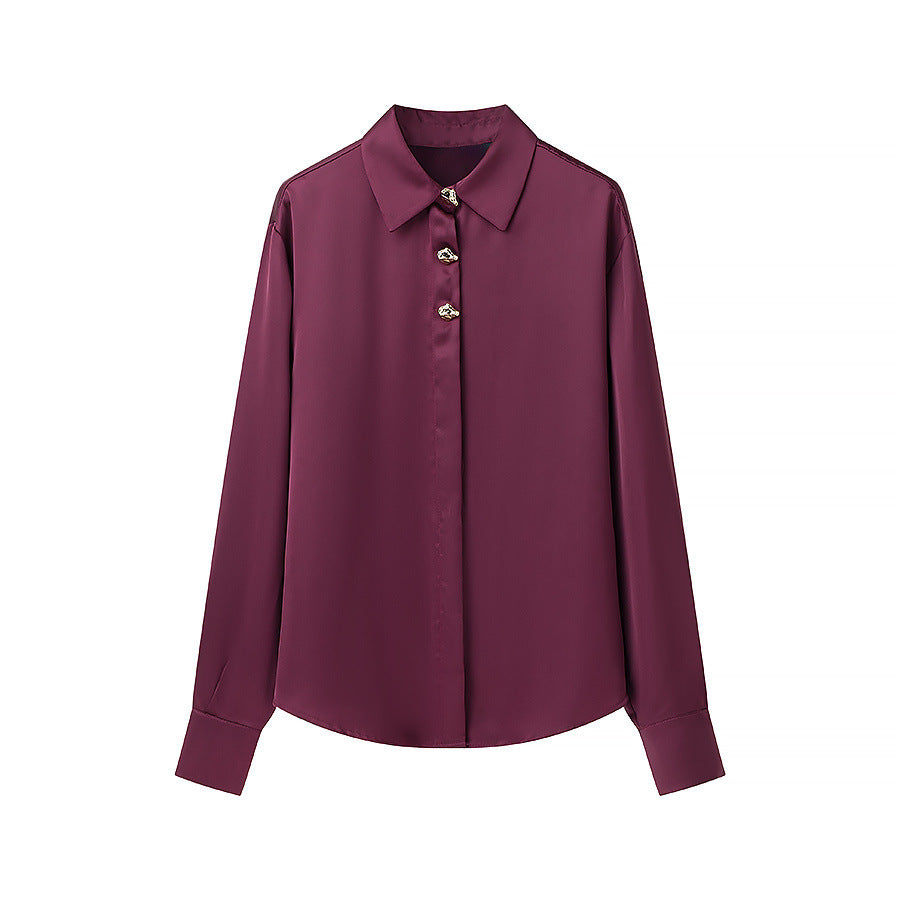 Damen nan luxuriöse seidenähnliche Hemdbluse mit Zierknopfleiste und klassischem Kragen Drune