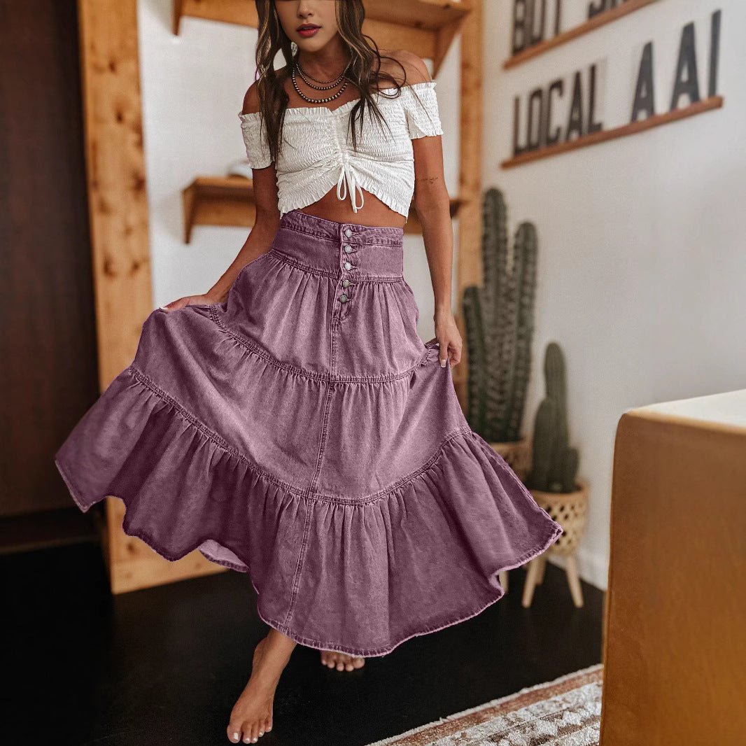 Damen Baumwollrock mit voluminösem Stufen-Design und modischem Knopfdetail Drune