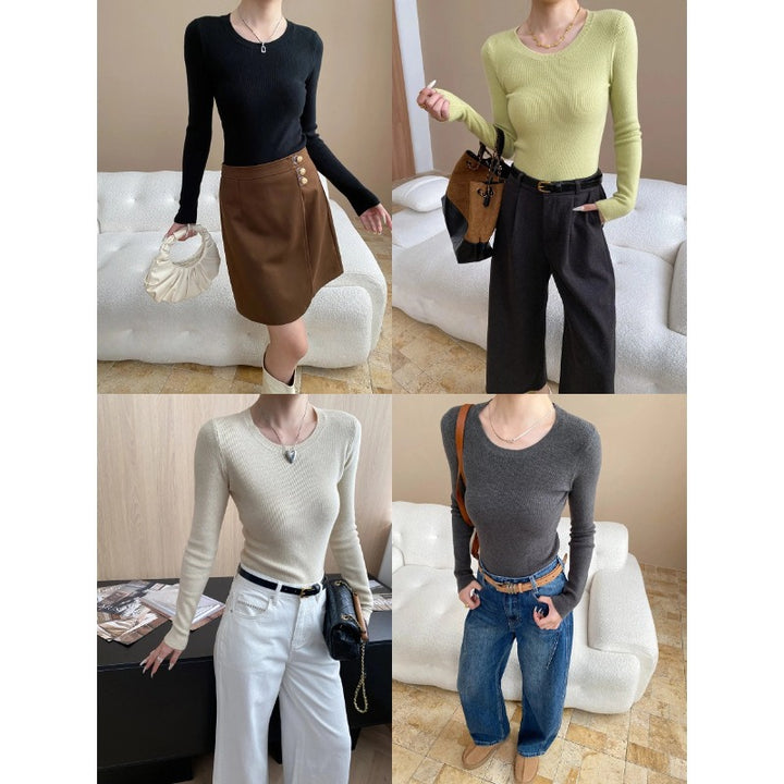 Damen figurbetontes Rippenshirt mit Rundhalsausschnitt und langem Arm Drune