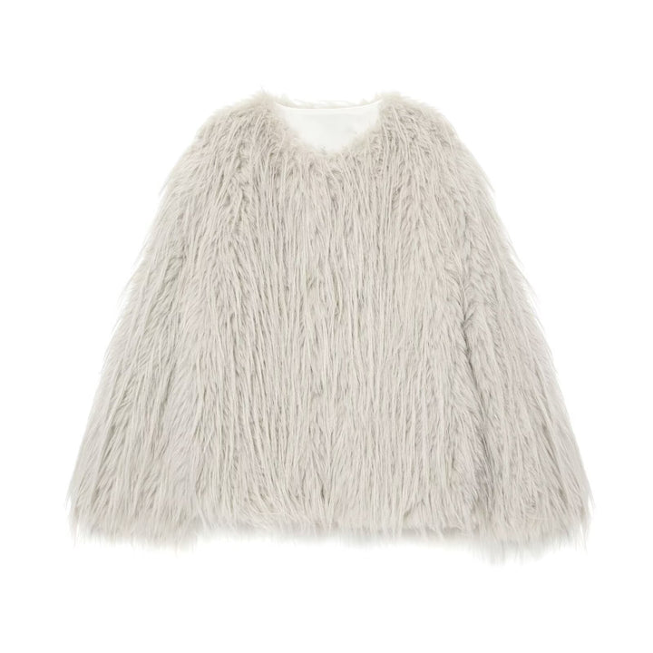 Damen Faux-Fur-Pelzjacke mit langem Shaggy-Fell und Rundhalsausschnitt Drune