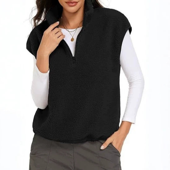 Damen Ärmellose Teddy-Fleece-Weste mit halbem Reißverschluss und Stehkragen Drune